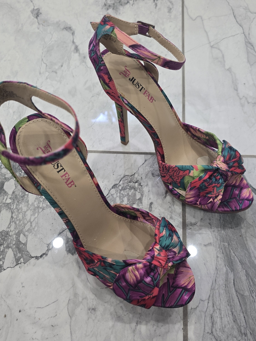 JustFab Floral Knot Ankle-Strap Heels in Purple and Green Multi
